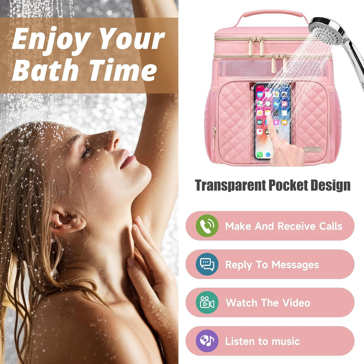 Large Leather Toiletry Bag for Women Men,Bathroom Bag,Water Resistant Shower Bag,Makeup Bag,Portable Shower Caddy for College Dorm,Hanging Travel Toiletry Bag with Transparent Waterproof Phone Pocket