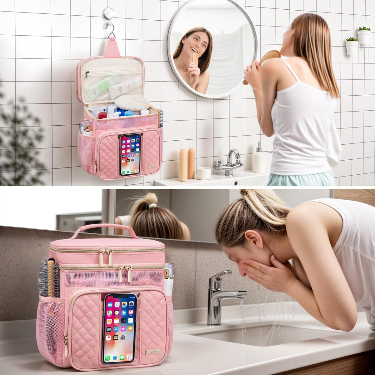 Large Leather Toiletry Bag for Women Men,Bathroom Bag,Water Resistant Shower Bag,Makeup Bag,Portable Shower Caddy for College Dorm,Hanging Travel Toiletry Bag with Transparent Waterproof Phone Pocket