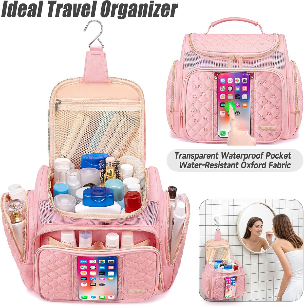 Large Leather Toiletry Bag for Women Men,Bathroom Bag,Water Resistant Shower Bag,Makeup Bag,Portable Shower Caddy for College Dorm,Hanging Travel Toiletry Bag with Transparent Waterproof Phone Pocket