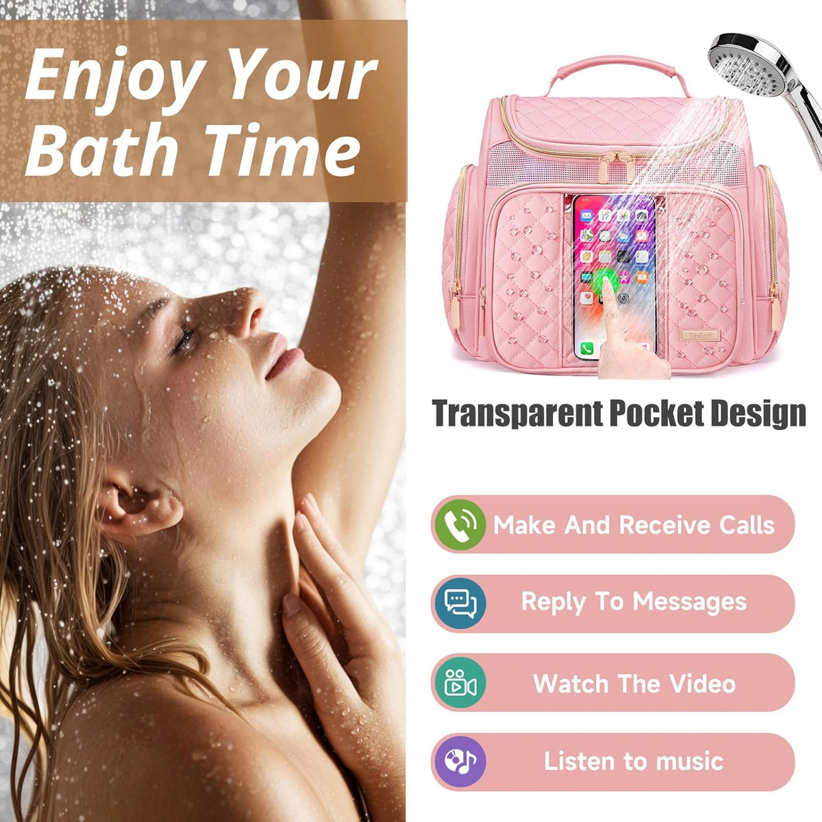 Large Leather Toiletry Bag for Women Men,Bathroom Bag,Water Resistant Shower Bag,Makeup Bag,Portable Shower Caddy for College Dorm,Hanging Travel Toiletry Bag with Transparent Waterproof Phone Pocket
