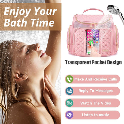 Large Leather Toiletry Bag for Women Men,Bathroom Bag,Water Resistant Shower Bag,Makeup Bag,Portable Shower Caddy for College Dorm,Hanging Travel Toiletry Bag with Transparent Waterproof Phone Pocket