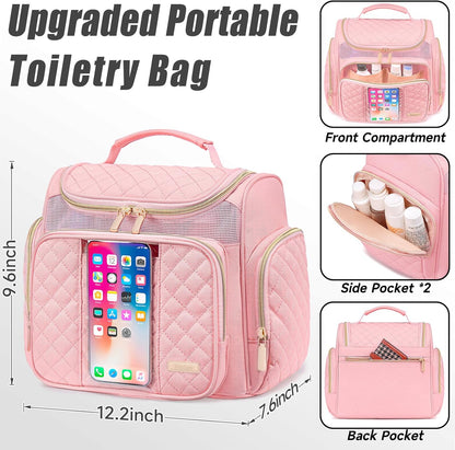 Large Leather Toiletry Bag for Women Men,Bathroom Bag,Water Resistant Shower Bag,Makeup Bag,Portable Shower Caddy for College Dorm,Hanging Travel Toiletry Bag with Transparent Waterproof Phone Pocket