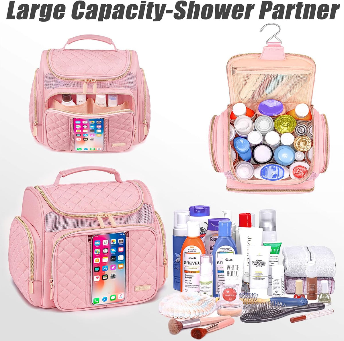 Large Leather Toiletry Bag for Women Men,Bathroom Bag,Water Resistant Shower Bag,Makeup Bag,Portable Shower Caddy for College Dorm,Hanging Travel Toiletry Bag with Transparent Waterproof Phone Pocket