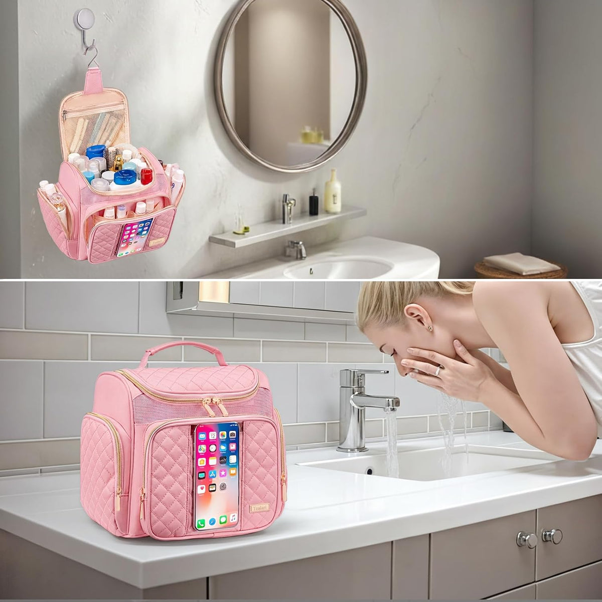 Large Leather Toiletry Bag for Women Men,Bathroom Bag,Water Resistant Shower Bag,Makeup Bag,Portable Shower Caddy for College Dorm,Hanging Travel Toiletry Bag with Transparent Waterproof Phone Pocket
