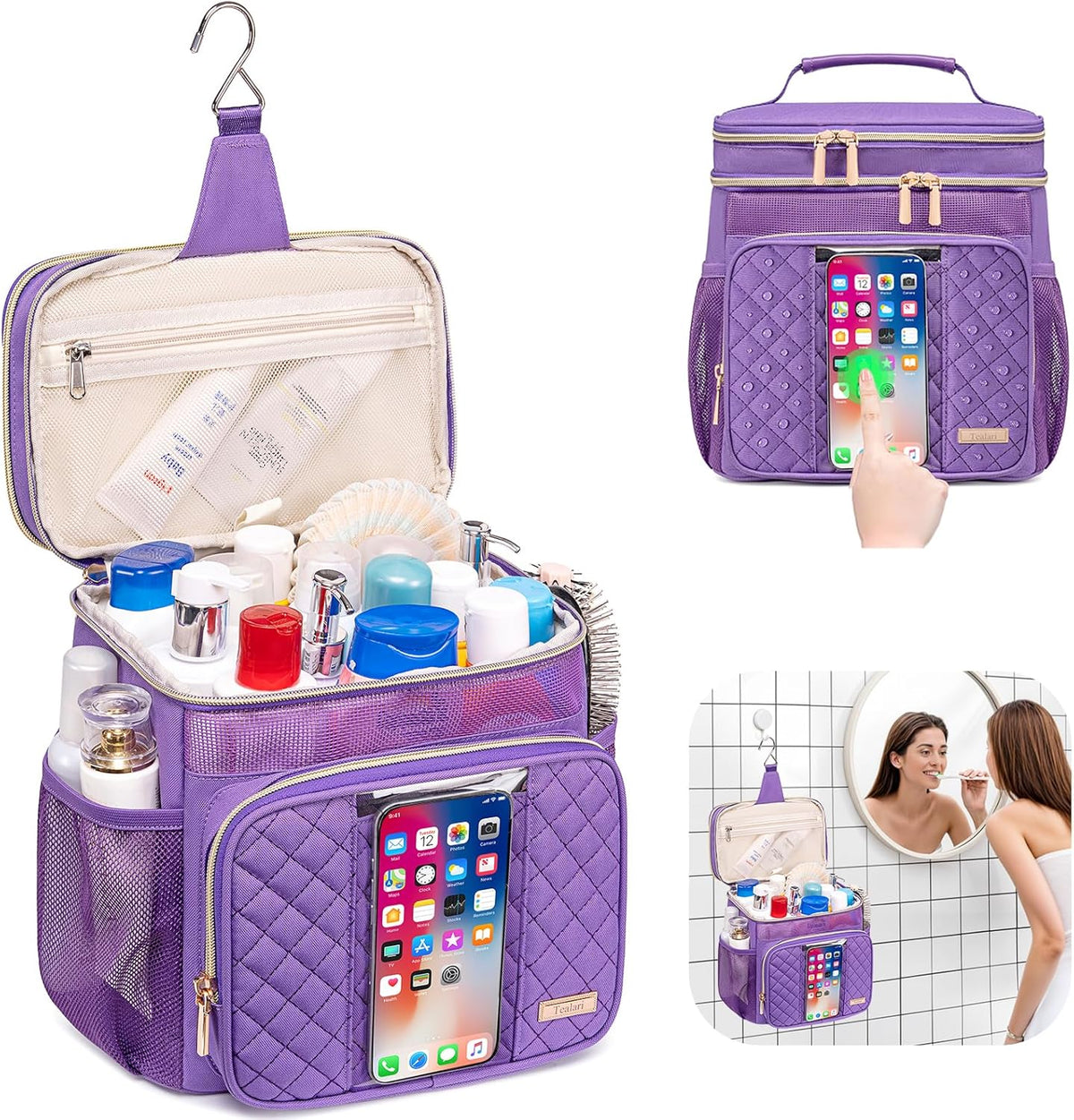 Large Leather Toiletry Bag for Women Men,Bathroom Bag,Water Resistant Shower Bag,Makeup Bag,Portable Shower Caddy for College Dorm,Hanging Travel Toiletry Bag with Transparent Waterproof Phone Pocket