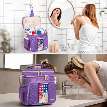 Large Leather Toiletry Bag for Women Men,Bathroom Bag,Water Resistant Shower Bag,Makeup Bag,Portable Shower Caddy for College Dorm,Hanging Travel Toiletry Bag with Transparent Waterproof Phone Pocket