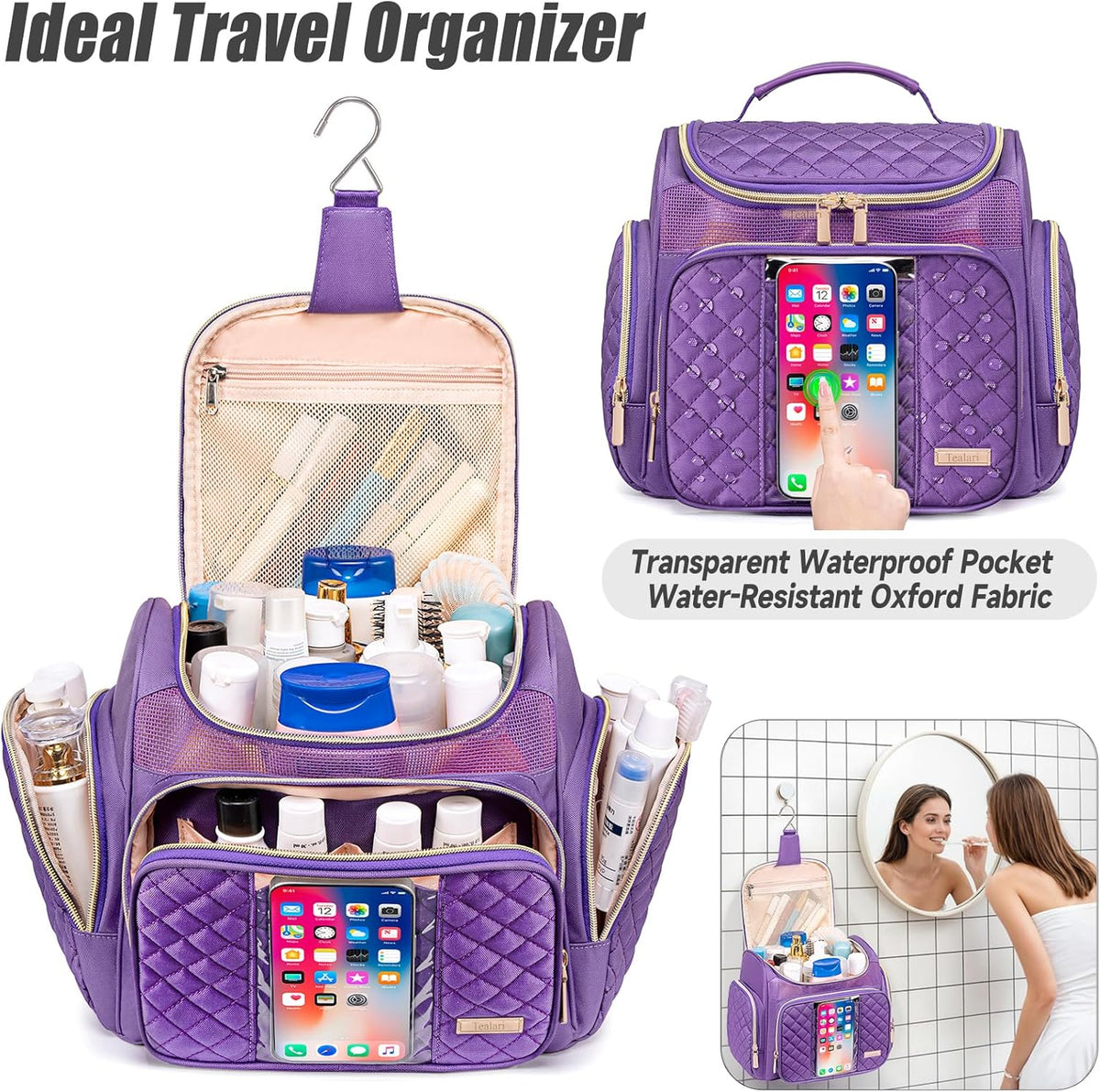 Large Leather Toiletry Bag for Women Men,Bathroom Bag,Water Resistant Shower Bag,Makeup Bag,Portable Shower Caddy for College Dorm,Hanging Travel Toiletry Bag with Transparent Waterproof Phone Pocket