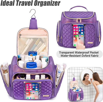 Large Leather Toiletry Bag for Women Men,Bathroom Bag,Water Resistant Shower Bag,Makeup Bag,Portable Shower Caddy for College Dorm,Hanging Travel Toiletry Bag with Transparent Waterproof Phone Pocket