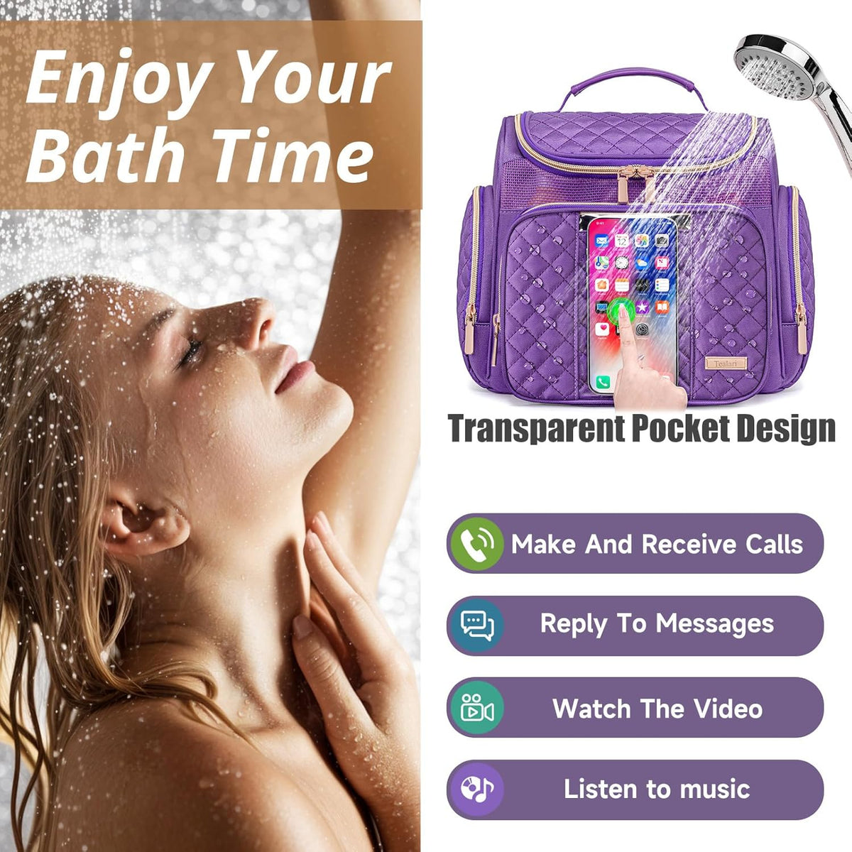 Large Leather Toiletry Bag for Women Men,Bathroom Bag,Water Resistant Shower Bag,Makeup Bag,Portable Shower Caddy for College Dorm,Hanging Travel Toiletry Bag with Transparent Waterproof Phone Pocket