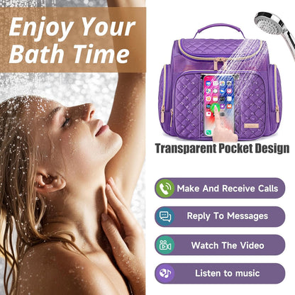 Large Leather Toiletry Bag for Women Men,Bathroom Bag,Water Resistant Shower Bag,Makeup Bag,Portable Shower Caddy for College Dorm,Hanging Travel Toiletry Bag with Transparent Waterproof Phone Pocket