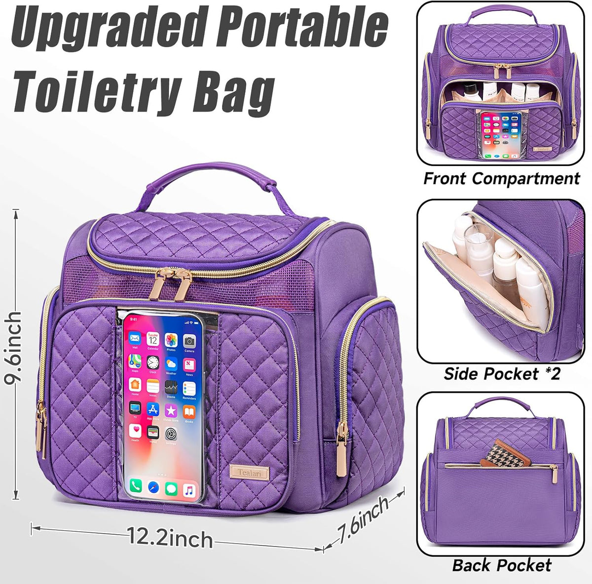 Large Leather Toiletry Bag for Women Men,Bathroom Bag,Water Resistant Shower Bag,Makeup Bag,Portable Shower Caddy for College Dorm,Hanging Travel Toiletry Bag with Transparent Waterproof Phone Pocket