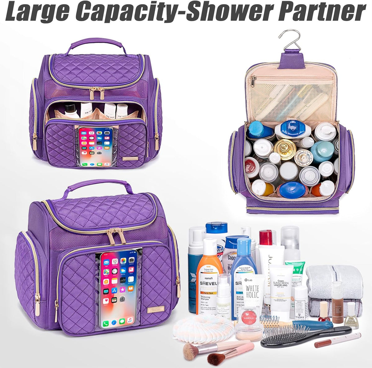 Large Leather Toiletry Bag for Women Men,Bathroom Bag,Water Resistant Shower Bag,Makeup Bag,Portable Shower Caddy for College Dorm,Hanging Travel Toiletry Bag with Transparent Waterproof Phone Pocket