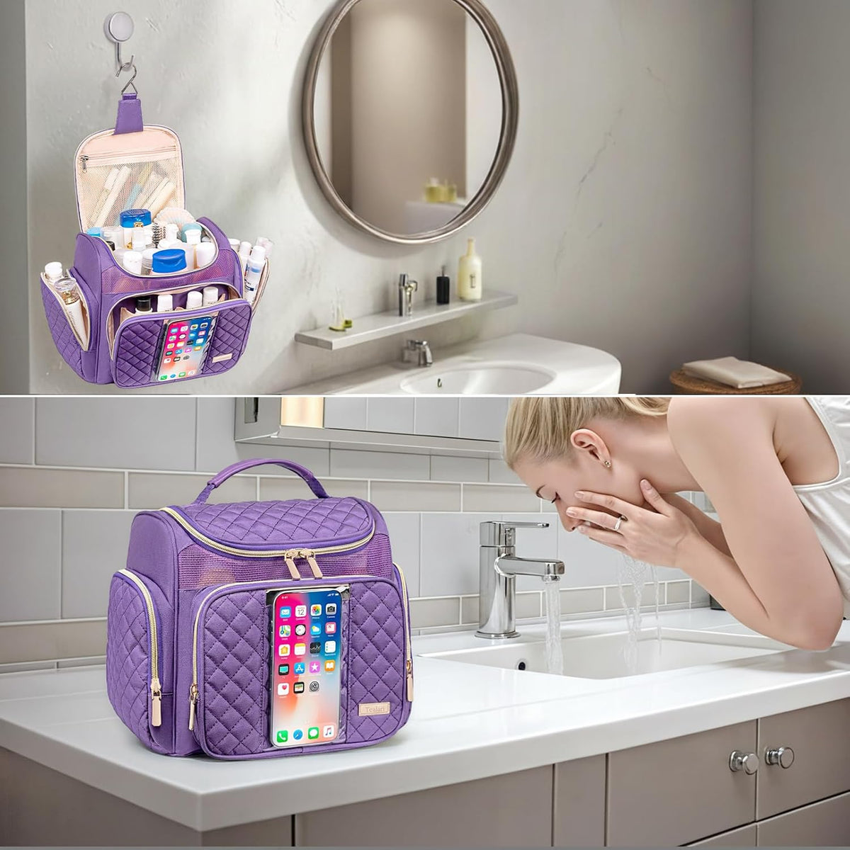 Large Leather Toiletry Bag for Women Men,Bathroom Bag,Water Resistant Shower Bag,Makeup Bag,Portable Shower Caddy for College Dorm,Hanging Travel Toiletry Bag with Transparent Waterproof Phone Pocket