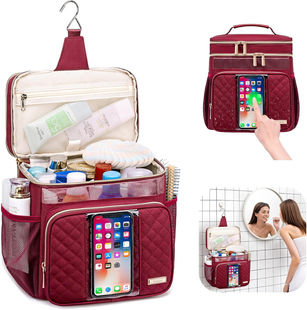 Large Leather Toiletry Bag for Women Men,Bathroom Bag,Water Resistant Shower Bag,Makeup Bag,Portable Shower Caddy for College Dorm,Hanging Travel Toiletry Bag with Transparent Waterproof Phone Pocket