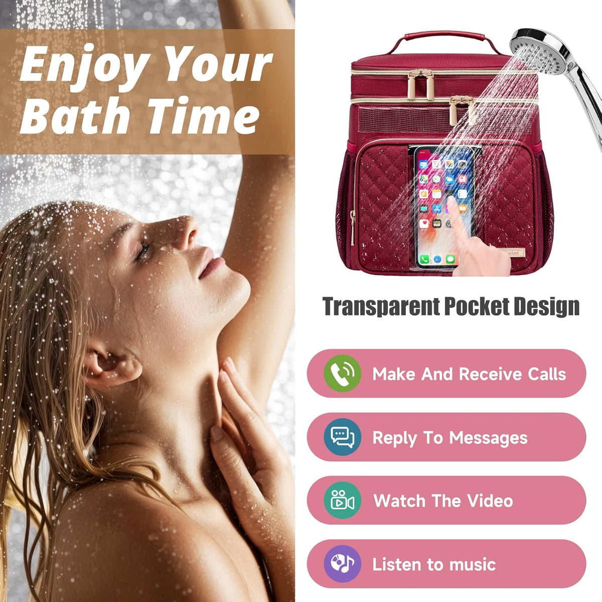 Large Leather Toiletry Bag for Women Men,Bathroom Bag,Water Resistant Shower Bag,Makeup Bag,Portable Shower Caddy for College Dorm,Hanging Travel Toiletry Bag with Transparent Waterproof Phone Pocket