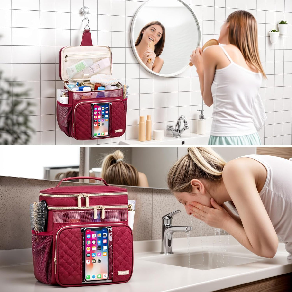 Large Leather Toiletry Bag for Women Men,Bathroom Bag,Water Resistant Shower Bag,Makeup Bag,Portable Shower Caddy for College Dorm,Hanging Travel Toiletry Bag with Transparent Waterproof Phone Pocket