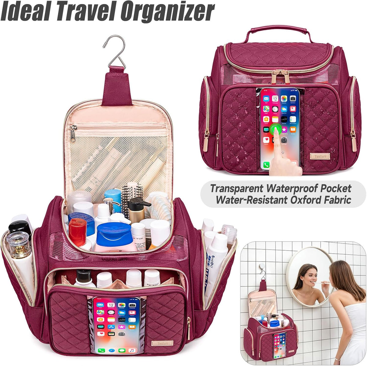 Large Leather Toiletry Bag for Women Men,Bathroom Bag,Water Resistant Shower Bag,Makeup Bag,Portable Shower Caddy for College Dorm,Hanging Travel Toiletry Bag with Transparent Waterproof Phone Pocket