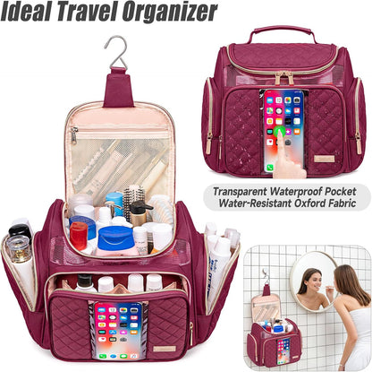 Large Leather Toiletry Bag for Women Men,Bathroom Bag,Water Resistant Shower Bag,Makeup Bag,Portable Shower Caddy for College Dorm,Hanging Travel Toiletry Bag with Transparent Waterproof Phone Pocket