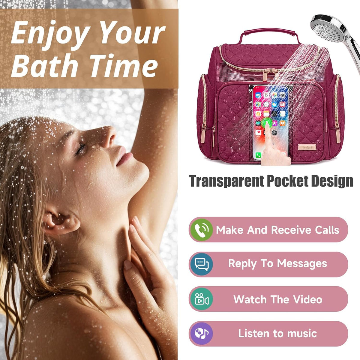 Large Leather Toiletry Bag for Women Men,Bathroom Bag,Water Resistant Shower Bag,Makeup Bag,Portable Shower Caddy for College Dorm,Hanging Travel Toiletry Bag with Transparent Waterproof Phone Pocket