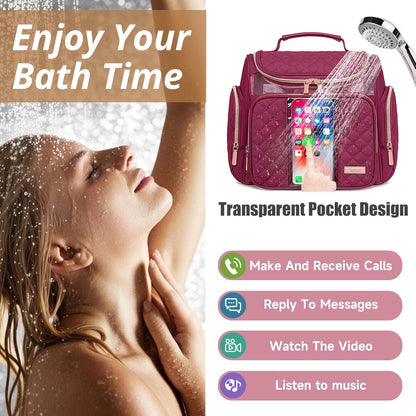 Large Leather Toiletry Bag for Women Men,Bathroom Bag,Water Resistant Shower Bag,Makeup Bag,Portable Shower Caddy for College Dorm,Hanging Travel Toiletry Bag with Transparent Waterproof Phone Pocket