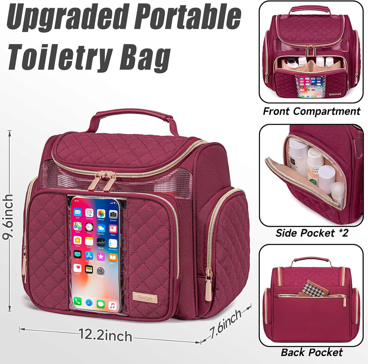 Large Leather Toiletry Bag for Women Men,Bathroom Bag,Water Resistant Shower Bag,Makeup Bag,Portable Shower Caddy for College Dorm,Hanging Travel Toiletry Bag with Transparent Waterproof Phone Pocket
