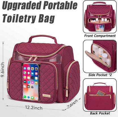 Large Leather Toiletry Bag for Women Men,Bathroom Bag,Water Resistant Shower Bag,Makeup Bag,Portable Shower Caddy for College Dorm,Hanging Travel Toiletry Bag with Transparent Waterproof Phone Pocket