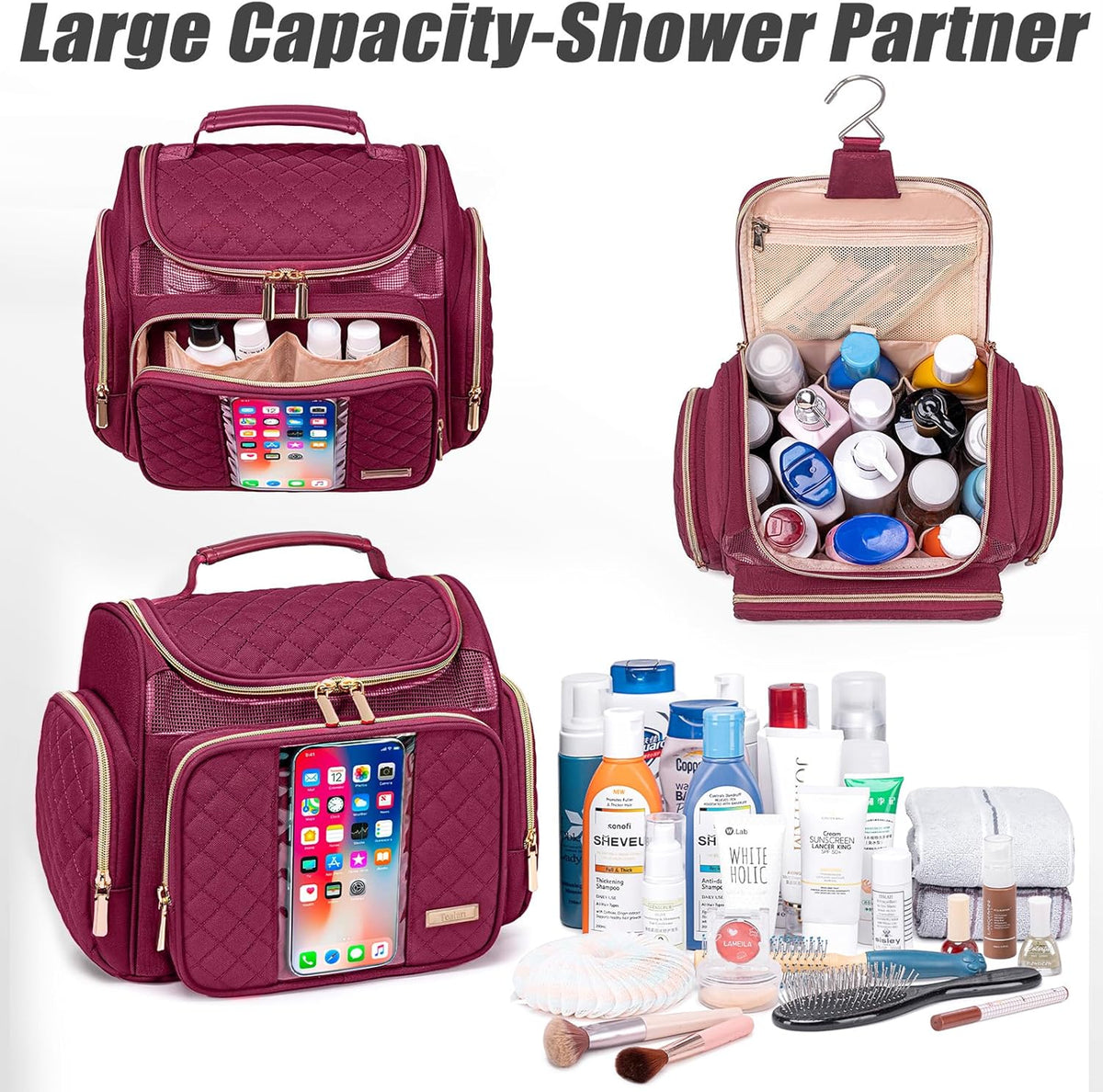 Large Leather Toiletry Bag for Women Men,Bathroom Bag,Water Resistant Shower Bag,Makeup Bag,Portable Shower Caddy for College Dorm,Hanging Travel Toiletry Bag with Transparent Waterproof Phone Pocket