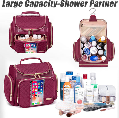 Large Leather Toiletry Bag for Women Men,Bathroom Bag,Water Resistant Shower Bag,Makeup Bag,Portable Shower Caddy for College Dorm,Hanging Travel Toiletry Bag with Transparent Waterproof Phone Pocket
