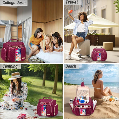Large Leather Toiletry Bag for Women Men,Bathroom Bag,Water Resistant Shower Bag,Makeup Bag,Portable Shower Caddy for College Dorm,Hanging Travel Toiletry Bag with Transparent Waterproof Phone Pocket