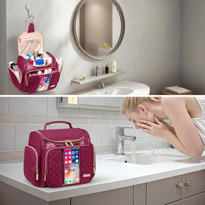 Large Leather Toiletry Bag for Women Men,Bathroom Bag,Water Resistant Shower Bag,Makeup Bag,Portable Shower Caddy for College Dorm,Hanging Travel Toiletry Bag with Transparent Waterproof Phone Pocket