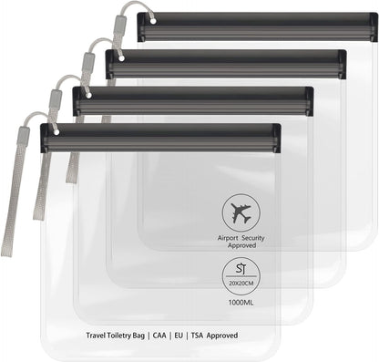 4Pcs Clear TSA Approved Security Toiletry Bag Quart Size for EU UK & US Carry-on Regulations Waterproof & Leakproof Travel Bags for Liquids