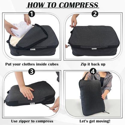 Compression Packing Cubes for Travel Accessories, 2 Set Compression Bags Travel Cubes for Packing Suitcase Luggage Organizer Bags Set, Black