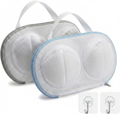 2 Pack Bra Wash Bags with Hooks, 3D Protective Mesh Bra Laundry Bags for Washing Machine, Zippered Lingerie Wash Bags for Small to Medium Bras, Delicates, Underwear, Socks and Travel Storage