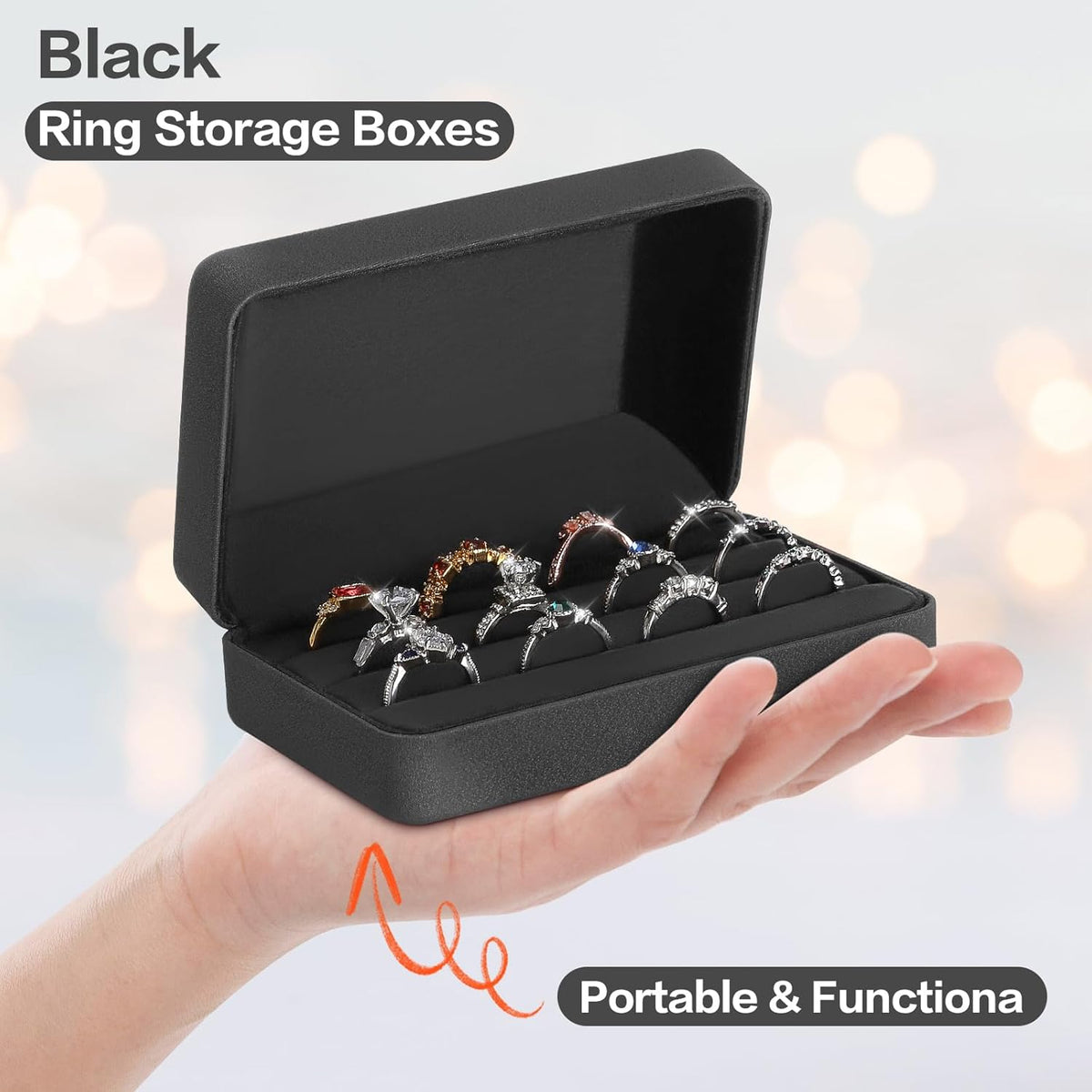Velet Ring Storage Box, Travel Jewelry Case with 3 Slot Ring Display Organizer (Black)