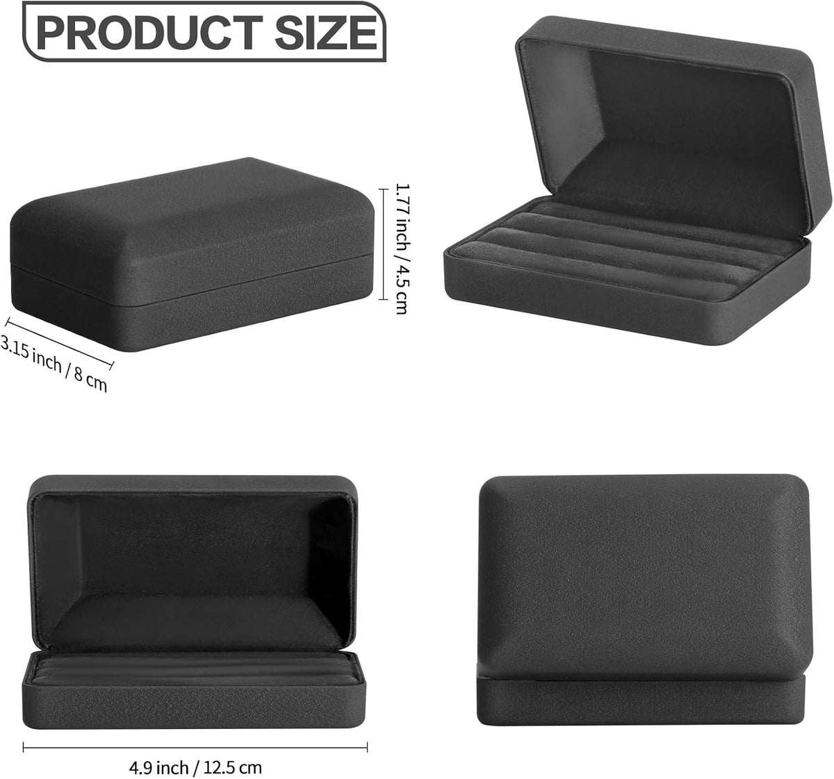 Velet Ring Storage Box, Travel Jewelry Case with 3 Slot Ring Display Organizer (Black)