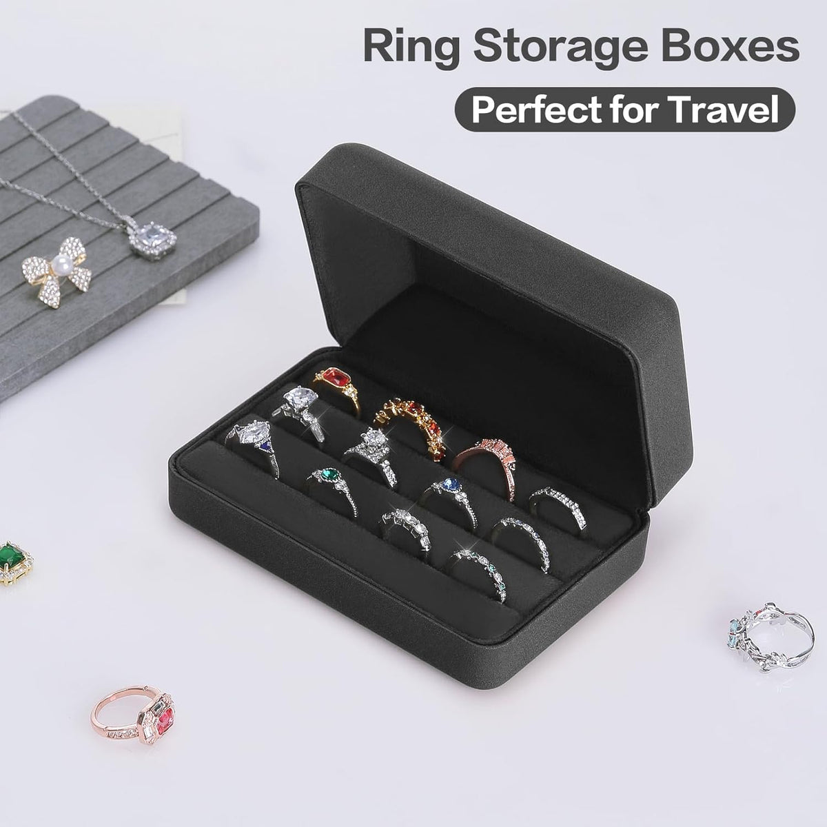 Velet Ring Storage Box, Travel Jewelry Case with 3 Slot Ring Display Organizer (Black)