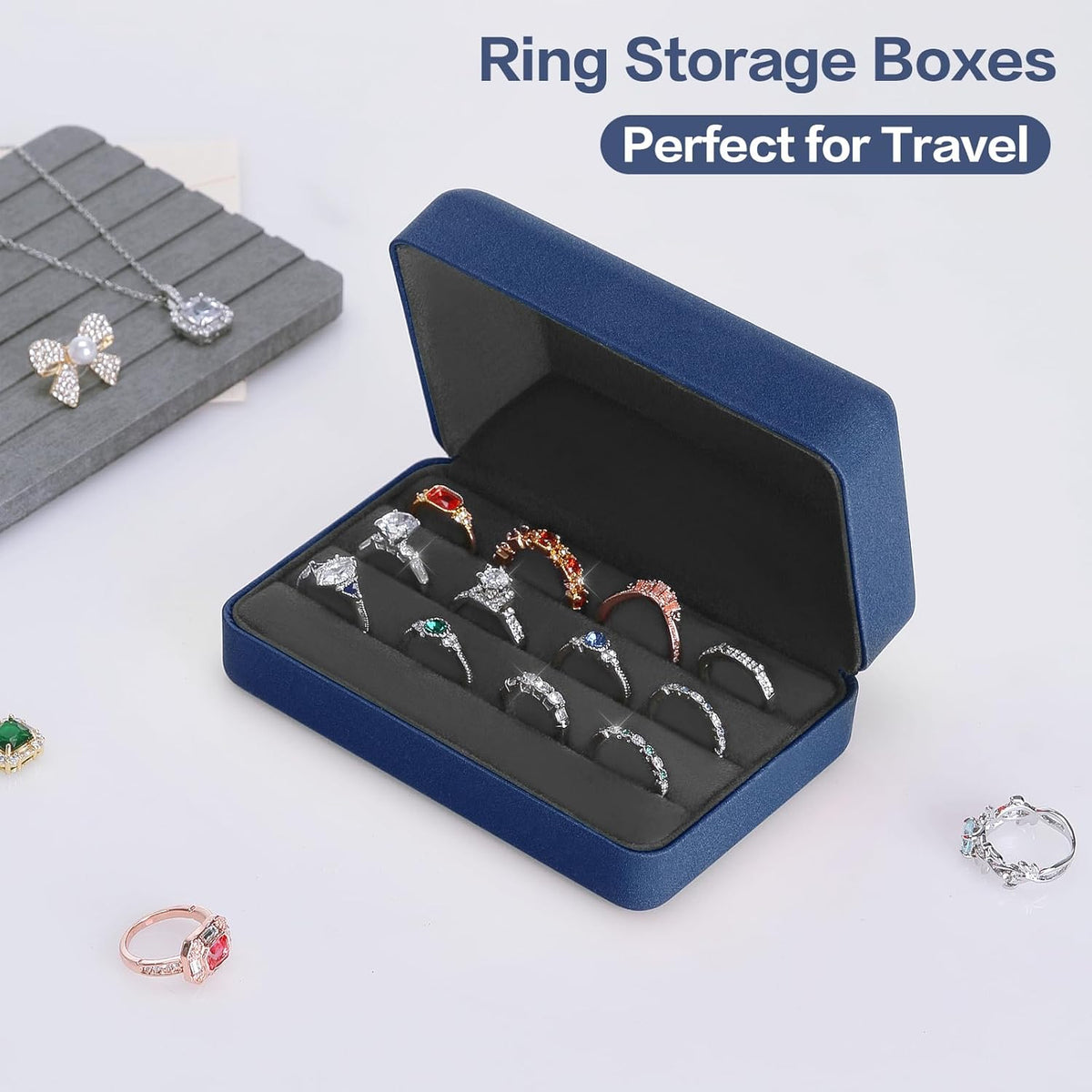Velet Ring Storage Box, Travel Jewelry Case with 3 Slot Ring Display Organizer (Black)