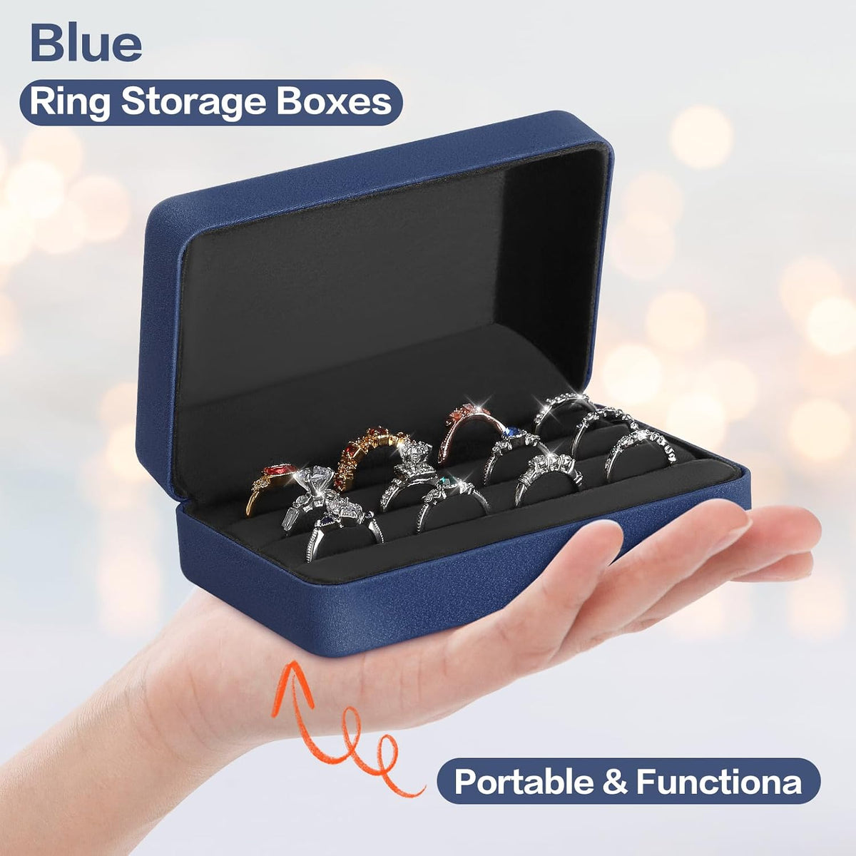 Velet Ring Storage Box, Travel Jewelry Case with 3 Slot Ring Display Organizer (Black)