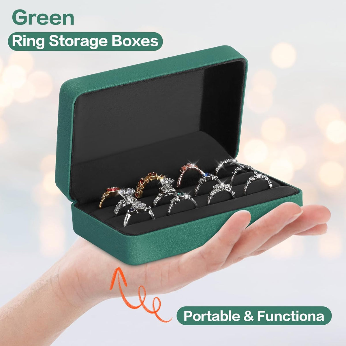 Velet Ring Storage Box, Travel Jewelry Case with 3 Slot Ring Display Organizer (Black)