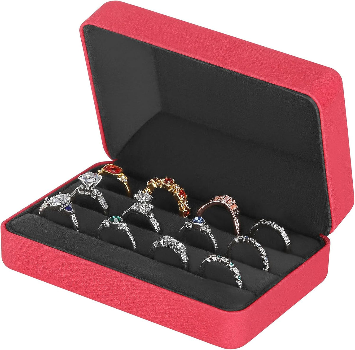 Velet Ring Storage Box, Travel Jewelry Case with 3 Slot Ring Display Organizer (Black)