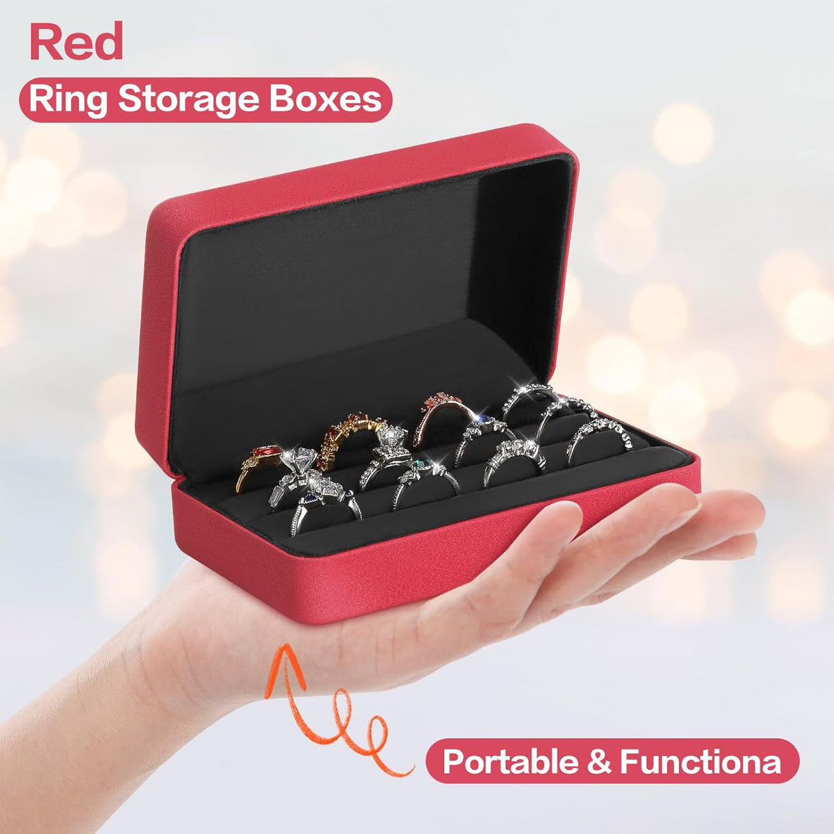 Velet Ring Storage Box, Travel Jewelry Case with 3 Slot Ring Display Organizer (Black)