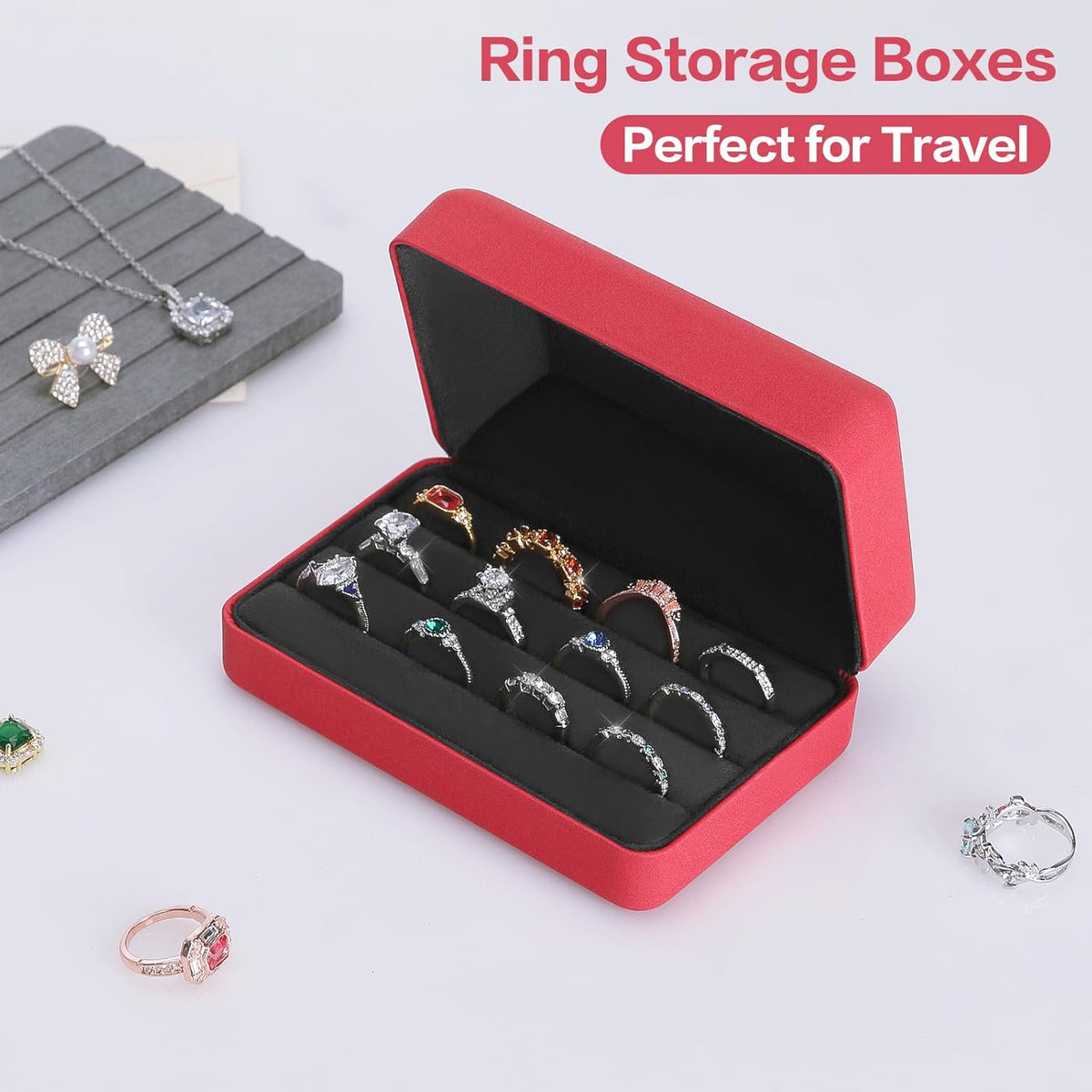 Velet Ring Storage Box, Travel Jewelry Case with 3 Slot Ring Display Organizer (Black)