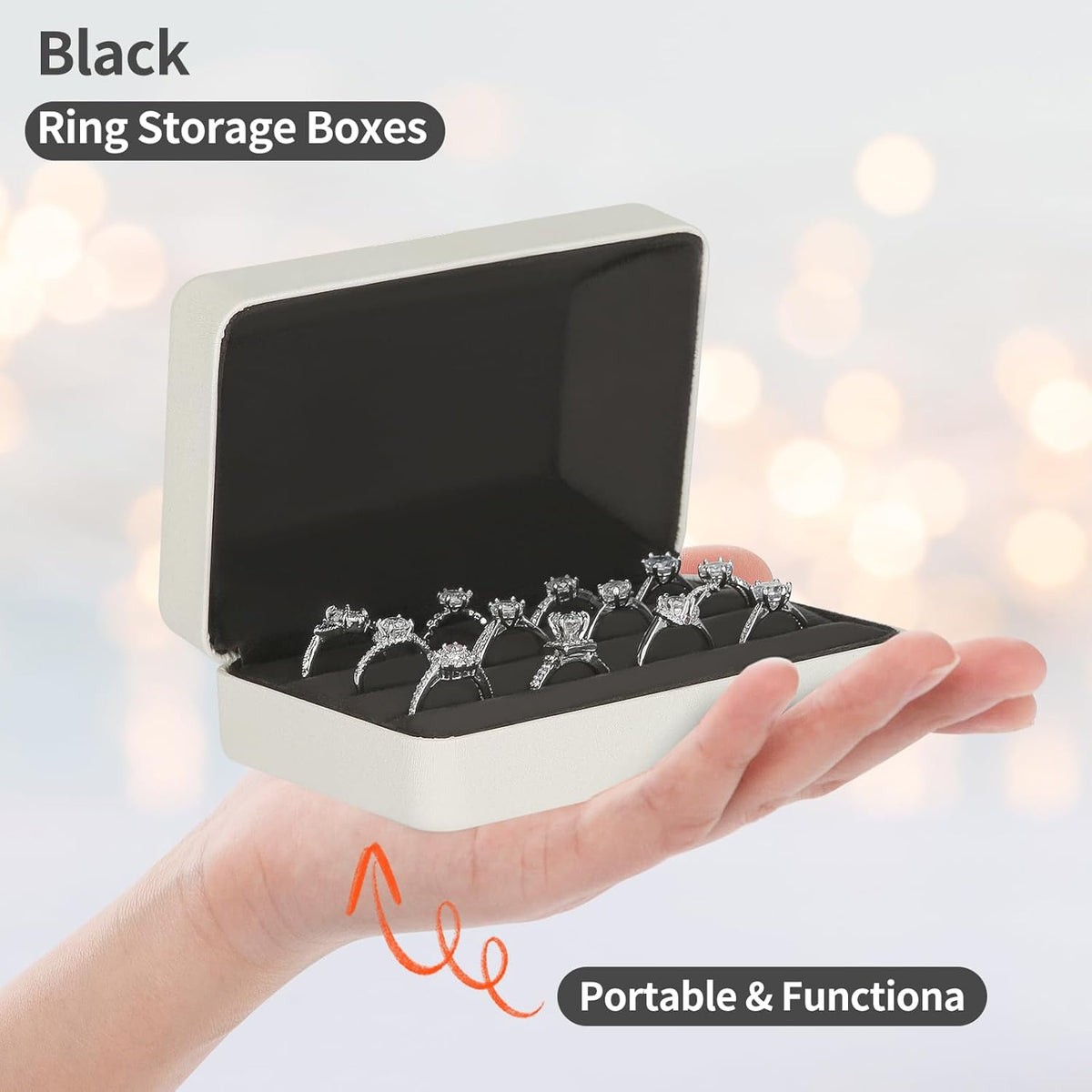 Velet Ring Storage Box, Travel Jewelry Case with 3 Slot Ring Display Organizer (Black)