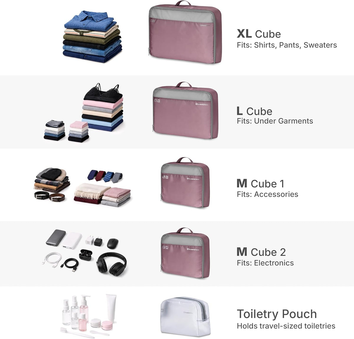 Cloverland Packing Cubes, 5-Piece Set, Mauve