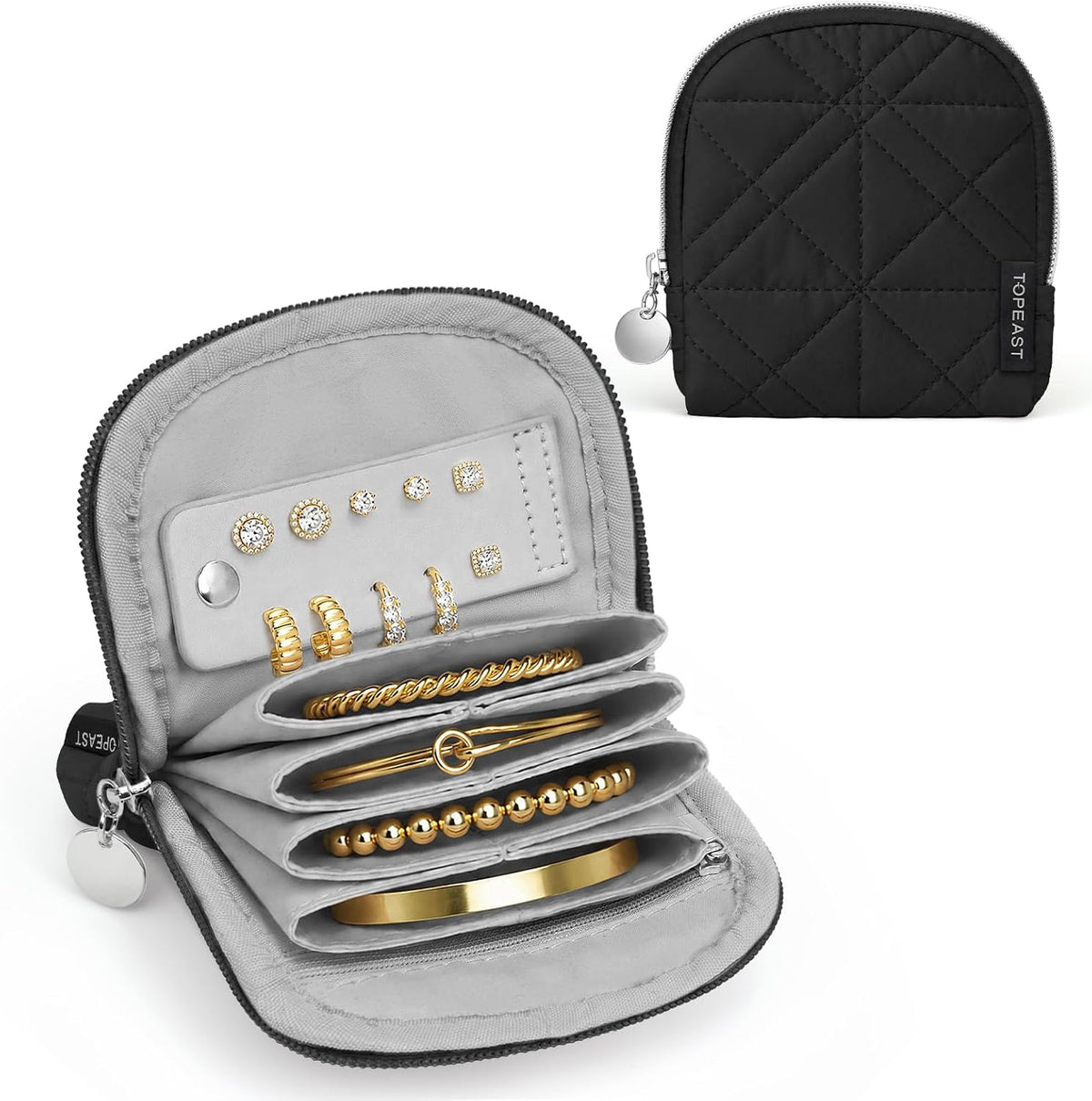 Quilted Travel Jewelry Case for Women, Puffer Jewelry Organized Bag | Portable Small Jewelry Pouch Storage Bag for Rings Earrings Necklaces, Travel Essentials Gift for Women, Black