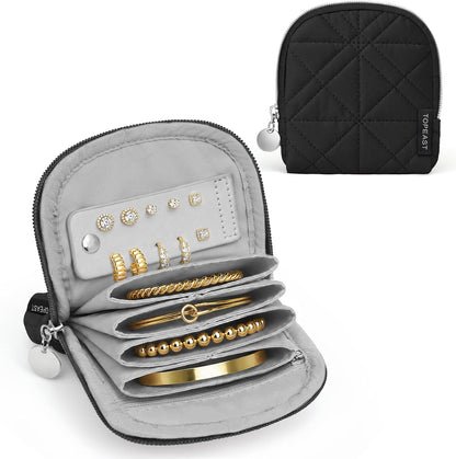 Quilted Travel Jewelry Case for Women, Puffer Jewelry Organized Bag | Portable Small Jewelry Pouch Storage Bag for Rings Earrings Necklaces, Travel Essentials Gift for Women, Black