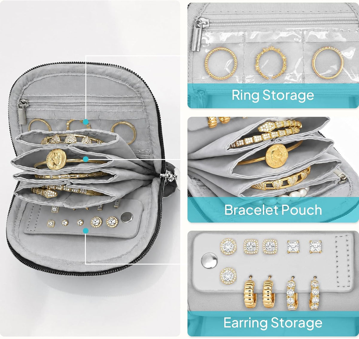 Quilted Travel Jewelry Case for Women, Puffer Jewelry Organized Bag | Portable Small Jewelry Pouch Storage Bag for Rings Earrings Necklaces, Travel Essentials Gift for Women, Black