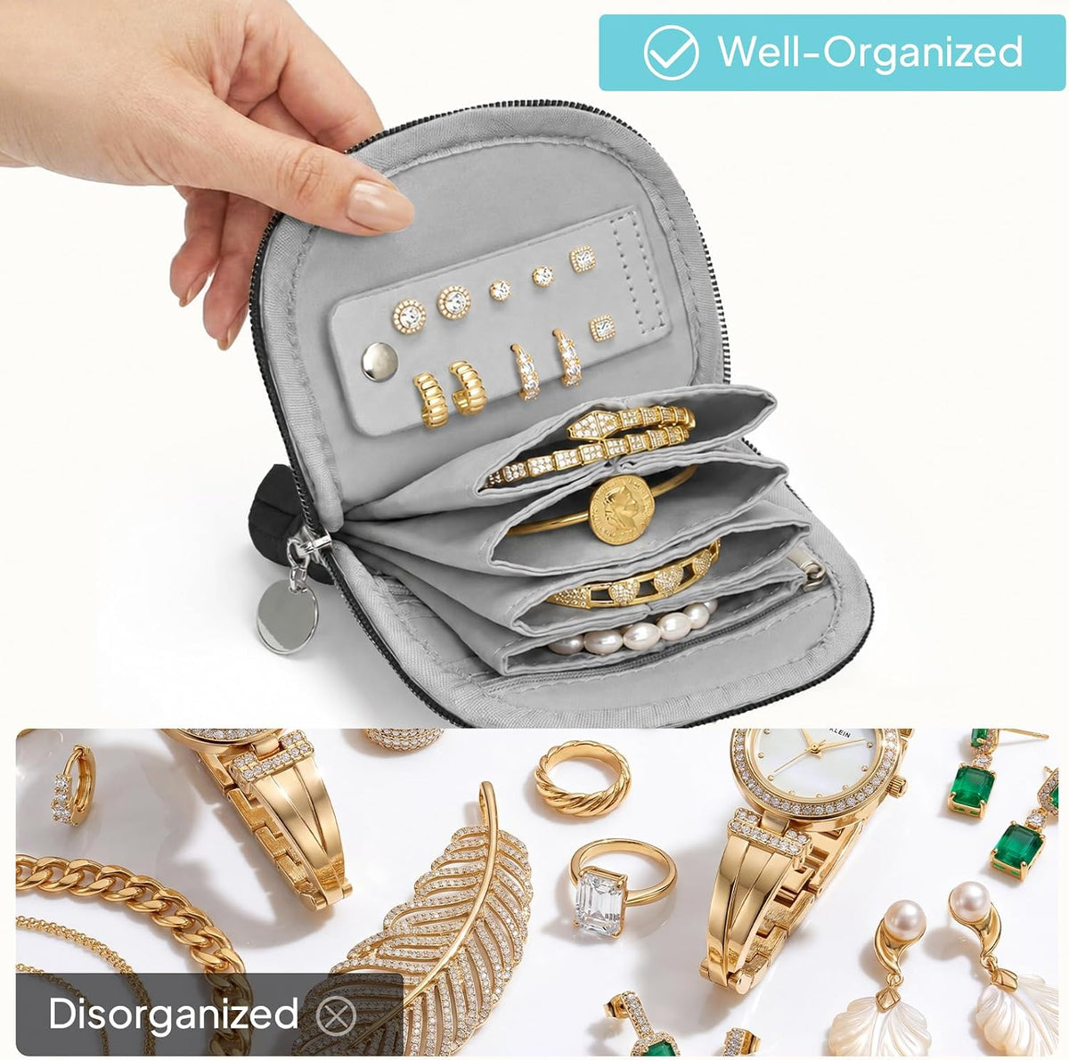 Quilted Travel Jewelry Case for Women, Puffer Jewelry Organized Bag | Portable Small Jewelry Pouch Storage Bag for Rings Earrings Necklaces, Travel Essentials Gift for Women, Black