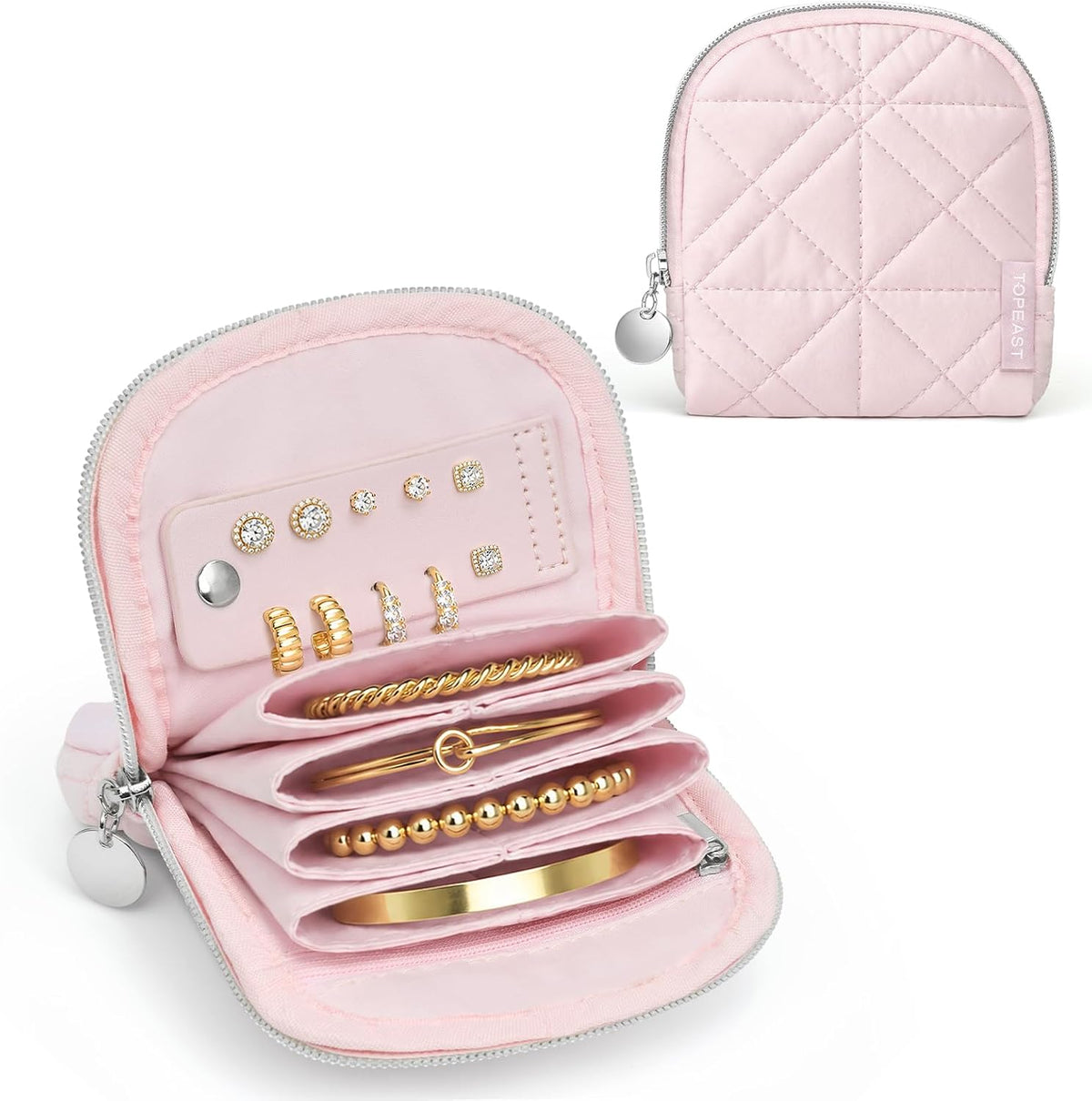 Quilted Travel Jewelry Case for Women, Puffer Jewelry Organized Bag | Portable Small Jewelry Pouch Storage Bag for Rings Earrings Necklaces, Travel Essentials Gift for Women, Black