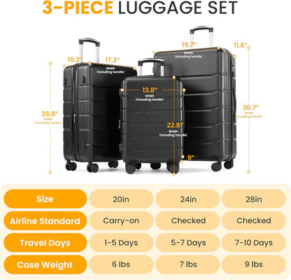 Hardside Carry-On Luggage, Expandable Portable Hardshell Luggage with Spinner Wheels, Lightweight Suitcase TSA Lock, 20 Inch, Black